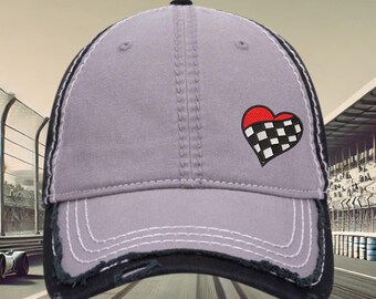 Checkered Race Flag Heart Hat: Distressed Cotton Baseball Cap