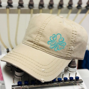 Octopus Embroidered Hat, Distressed Baseball Cap, Octopi Diver Scuba Beach Ocean Marine Life Gift, Ocean Life Gift, Summer Beach Hat