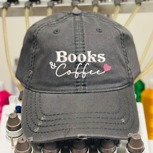 Books and Coffee Embroidered Distressed Cap: BookTok Reader Hat