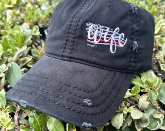 Thin Red Line Firefighter Wife Hat: Distressed Cotton Twill Cap