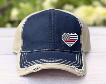 Distressed Thin Red Line Heart Hat, Firefighter Support Cap