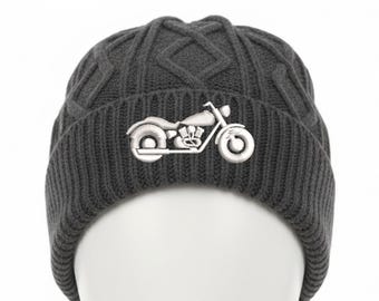 Embroidered Motorcycle Beanie: Knit Biker Hat