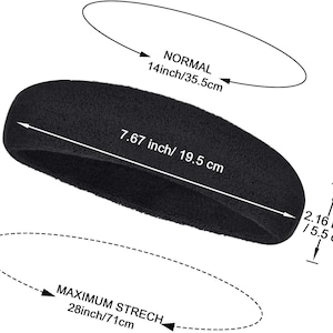 May include: Black athletic headband with dimensions shown. The headband is 19.5 cm long, 5.5 cm wide, and stretches up to 71 cm. The text "NORMAL" and "MAXIMUM STRECH" are also displayed. The normal length is 35.5 cm.