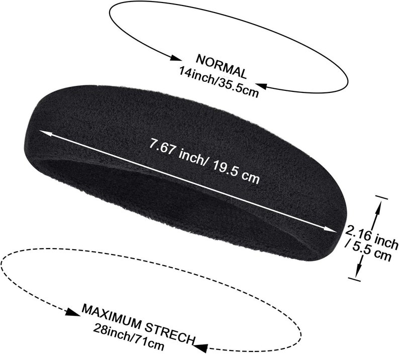 May include: Black athletic headband with dimensions shown. The headband is 19.5 cm long, 5.5 cm wide, and stretches up to 71 cm. The text "NORMAL" and "MAXIMUM STRECH" are also displayed. The normal length is 35.5 cm.