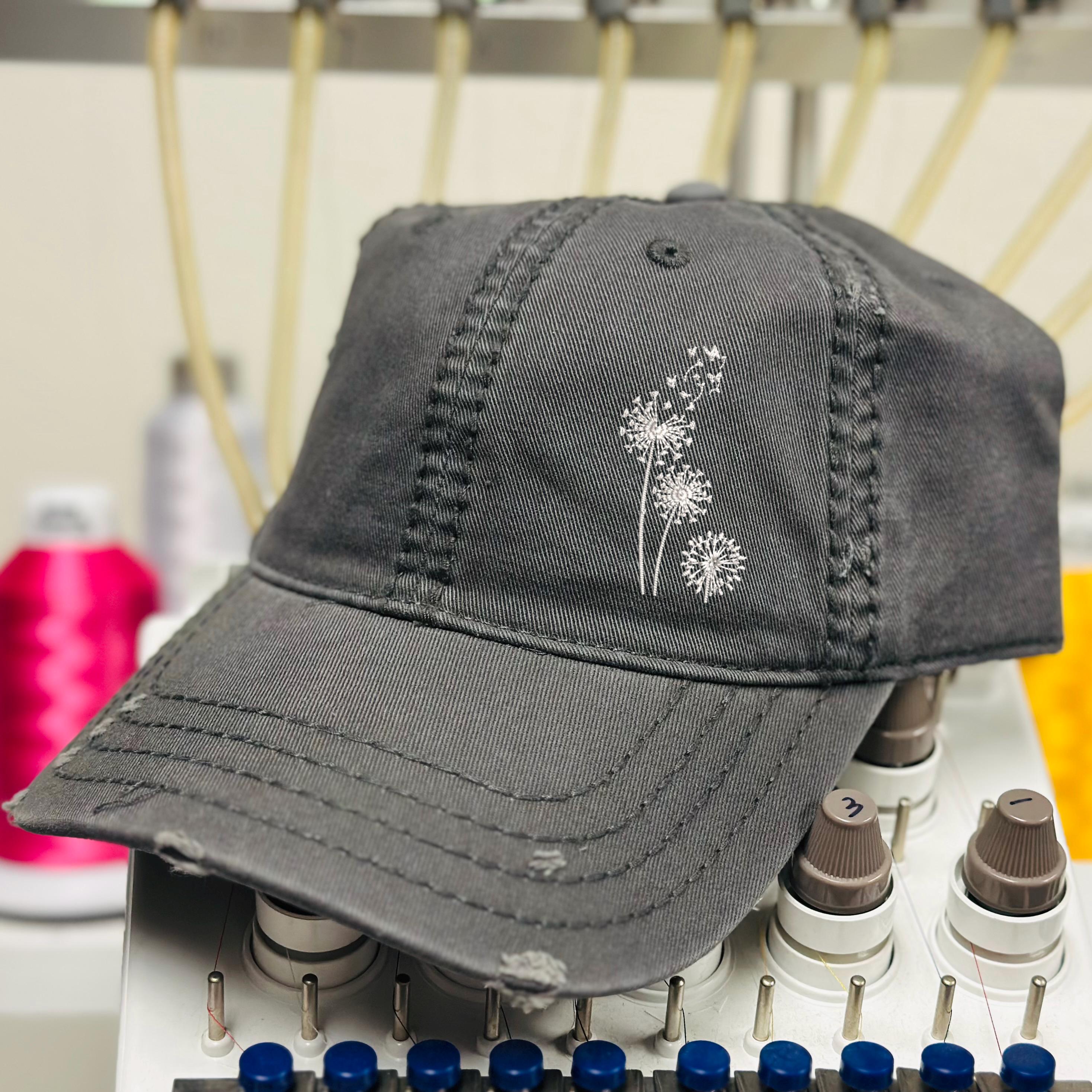 New Custom Designed Gray Distressed Baseball Cap w/ Black & White Chrome Flower. Distressed Baseball Cap Vintage Washed Denim Dad Hat  main image 4
