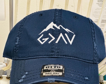 Christian Embroidered Dad Hat: God Is Greater Mountain Design