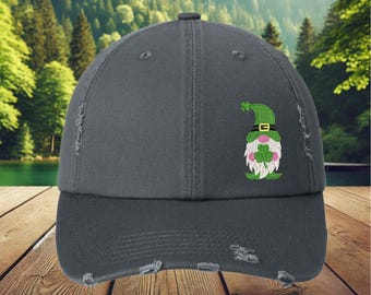 St. Patrick's Day Gnome Hat: Shamrock Embroidered Distressed Cap