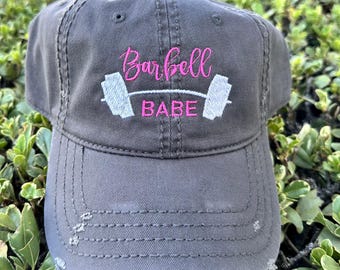 Barbell Babe Distressed Hat: Embroidered Gym Workout Cap