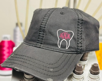 Gorro de diente con monograma, sarga de algodón desgastada, regalo para dentista