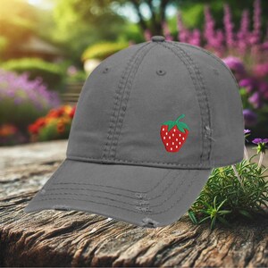 Strawberry Cap, Strawberry Embroidered Hat, Strawberry Hat, Strawberry Gift, Garden Lover Gift, Distressed Cap, Berry Lover Gift, Farm Hat