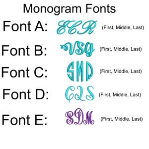 May include: Image showcasing five monogram font options labeled A through E. Each font displays a sample monogram with the text "(First, Middle, Last)" next to it. The fonts vary in style, with colors including teal and purple.