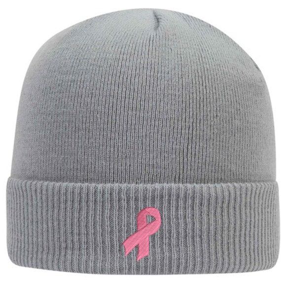 Pink Ribbon Beanie, Breast Cancer Awareness Hat, Embroidered