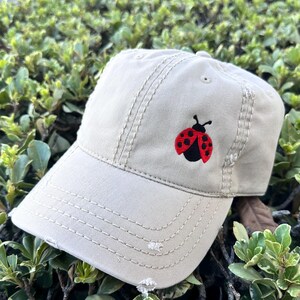 Ladybug Embroidered Distressed Cap: Nature Lover Gift