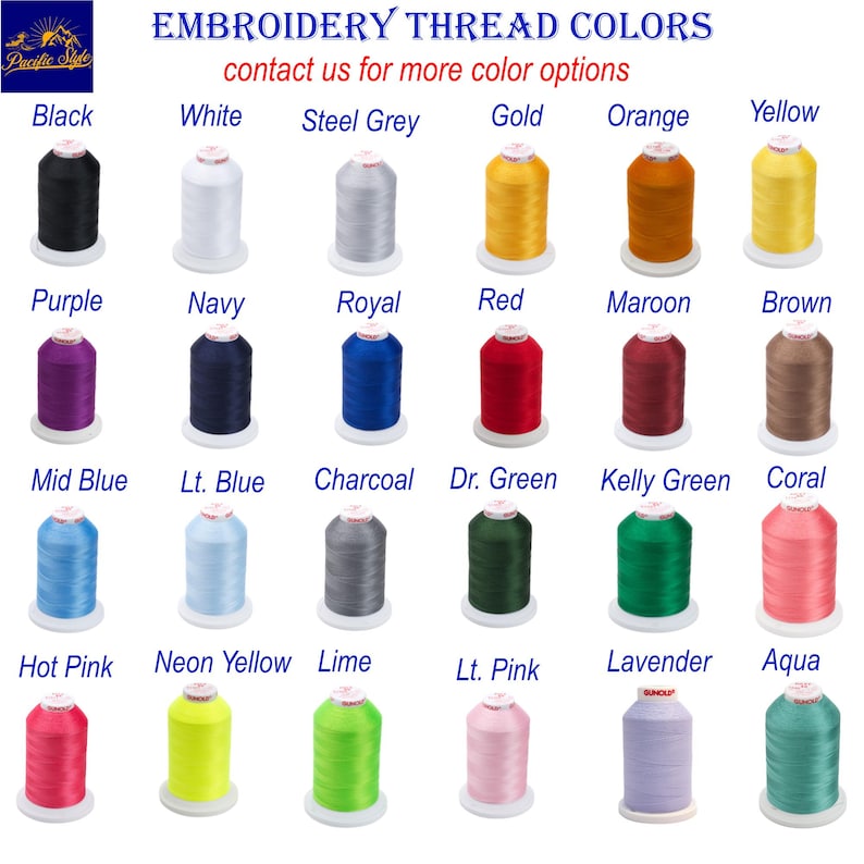 May include: A chart of embroidery thread colours with spools of thread in various colours, including black, white, steel grey, gold, orange, yellow, purple, navy, royal, red, maroon, brown, mid blue, light blue, charcoal, dark green, kelly green, coral, hot pink, neon yellow, lime, light pink, lavender, and aqua.