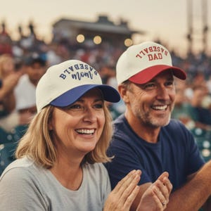 May include: Two baseball caps with off-white crowns. One cap features a blue brim and the text BASEBALL mom in blue. The other cap features a red brim and the text BASEBALL DAD in red. Both caps have a structured front panel and a curved brim.