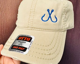 Fishing Hook Embroidered Hat, Distressed Cap with Double Hooks