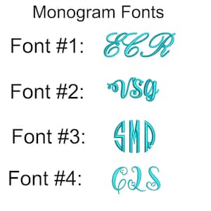 May include: Image displaying four teal monogram font options. The text "Monogram Fonts" is at the top. Each font is numbered and shows a sample monogram: ECR, VSG, SMD, and CQS. The fonts range in style, including cursive and a circular design.