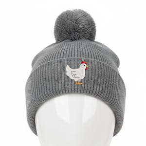 Emberoidered Chicken Beanie, Chicken Lady Gift, Farm Fall Winter Hat With Pom/Grey