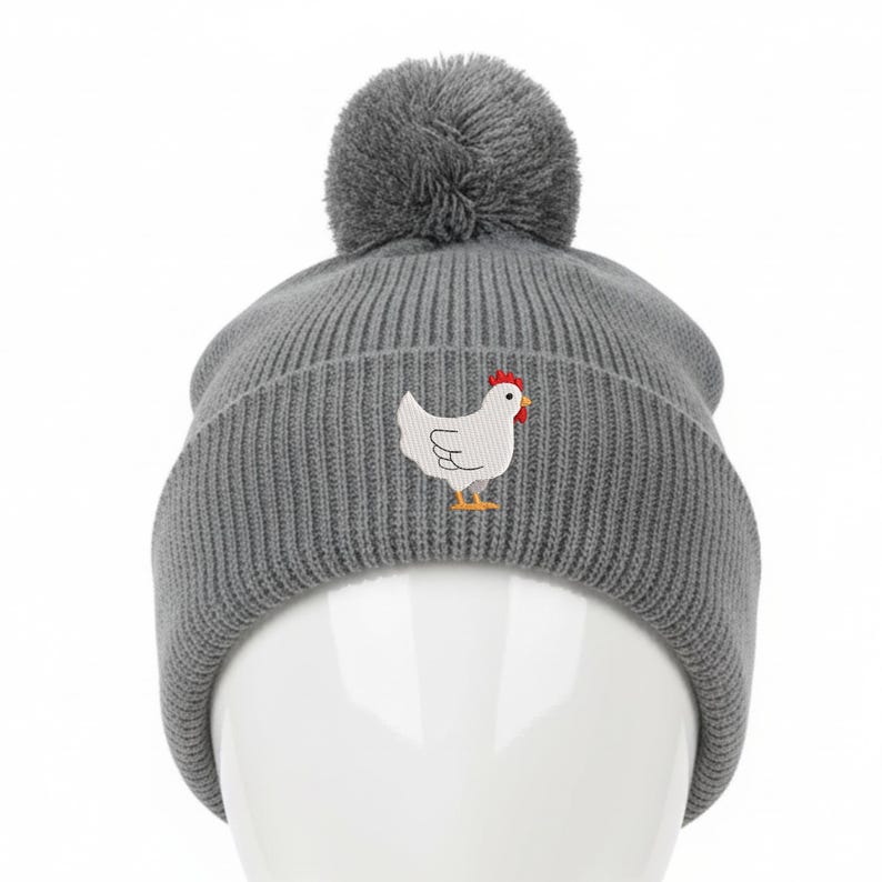 Emberoidered Chicken Beanie, Chicken Lady Gift, Farm Fall Winter Hat With Pom/Grey