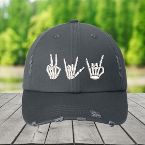 Skeleton Peace Love Rock and Roll Hat, Skeleton Hand, Gift for Music Fan,Skeleton Hand Sign Hat, Gothic Punk Gift, Skull Hand Cap, Rocker