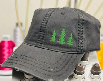 Womens Pine Tree Hat, Distressed Cotton Baseball Cap