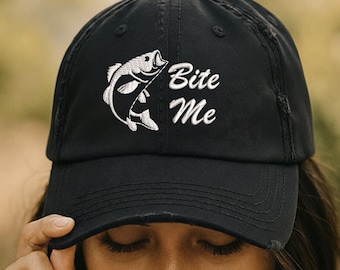 Bite Me Fishing Cap, Embroidered Fish Hat, Funny Fishing Gift