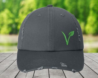 Distressed Vegan Hat: Cotton Cap with Leaf Symbol