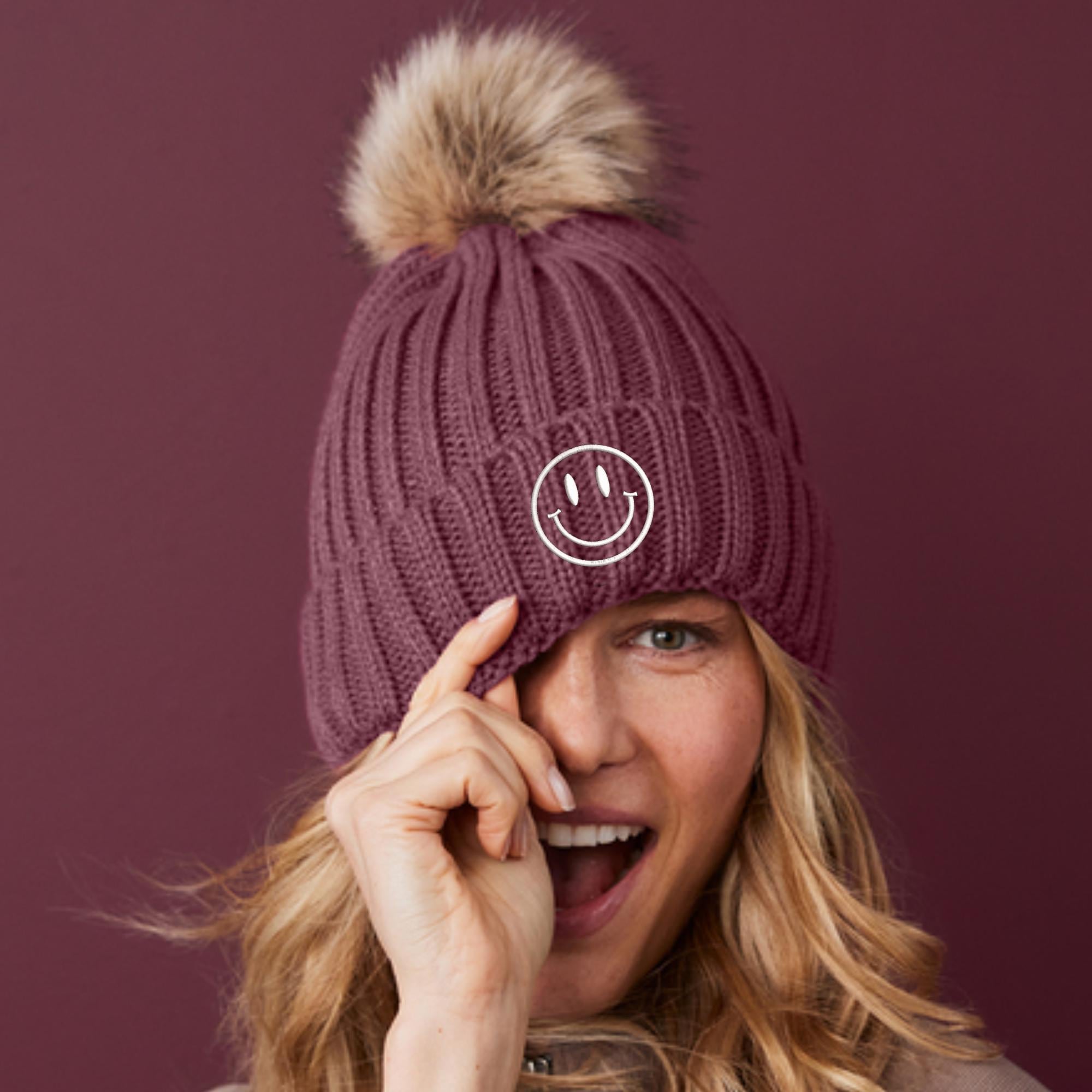 Embroidered Smiley Face Beanie: Knit Winter Hat - Etsy display picture 2