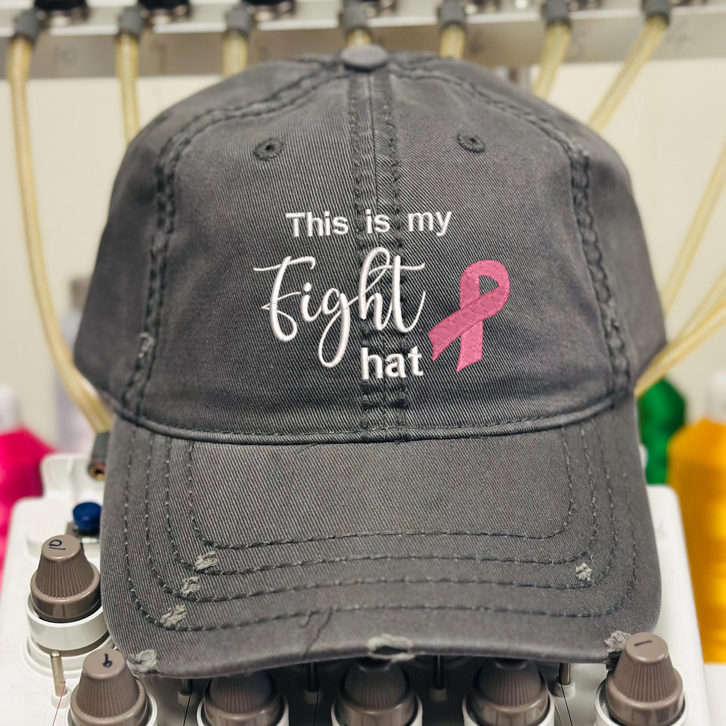 "This Is My Fight Hat" - Distressed Cotton Breast Cancer Awareness Baseball Cap, Navy, Adjustable