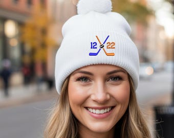 Embroidered Hockey Beanie, Custom Number Knit Winter Hat
