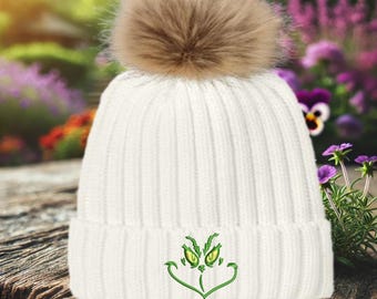 Grinch Embroidered Beanie: Funny Christmas Winter Hat