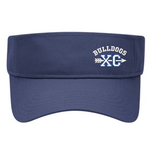 May include: A navy blue visor with white embroidery that reads "Bulldogs XC" with an arrow pointing to the right.