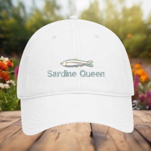 Sardine Queen  Embroidered Cap, Womens Sardine Hat, Foodie Hat, Fish Lover Gift, Minimalist Fish Cap,Mediterranean Aesthetic,Trendy Foodie