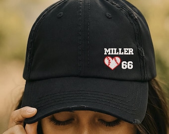 Baseball Heart With Number Name Hat: Distressed Sports Cap