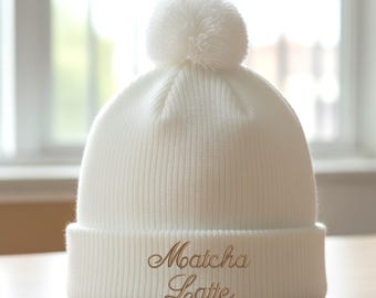 Marcha Latte Embroidered Knit Beanie, Coffee Lover Winter Hat