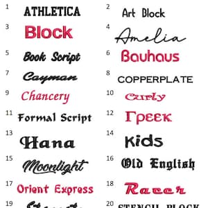 May include: A white background displays a list of 22 embroidery fonts. The fonts vary in style, including block, script, and decorative options. Some fonts are red, while others are black.