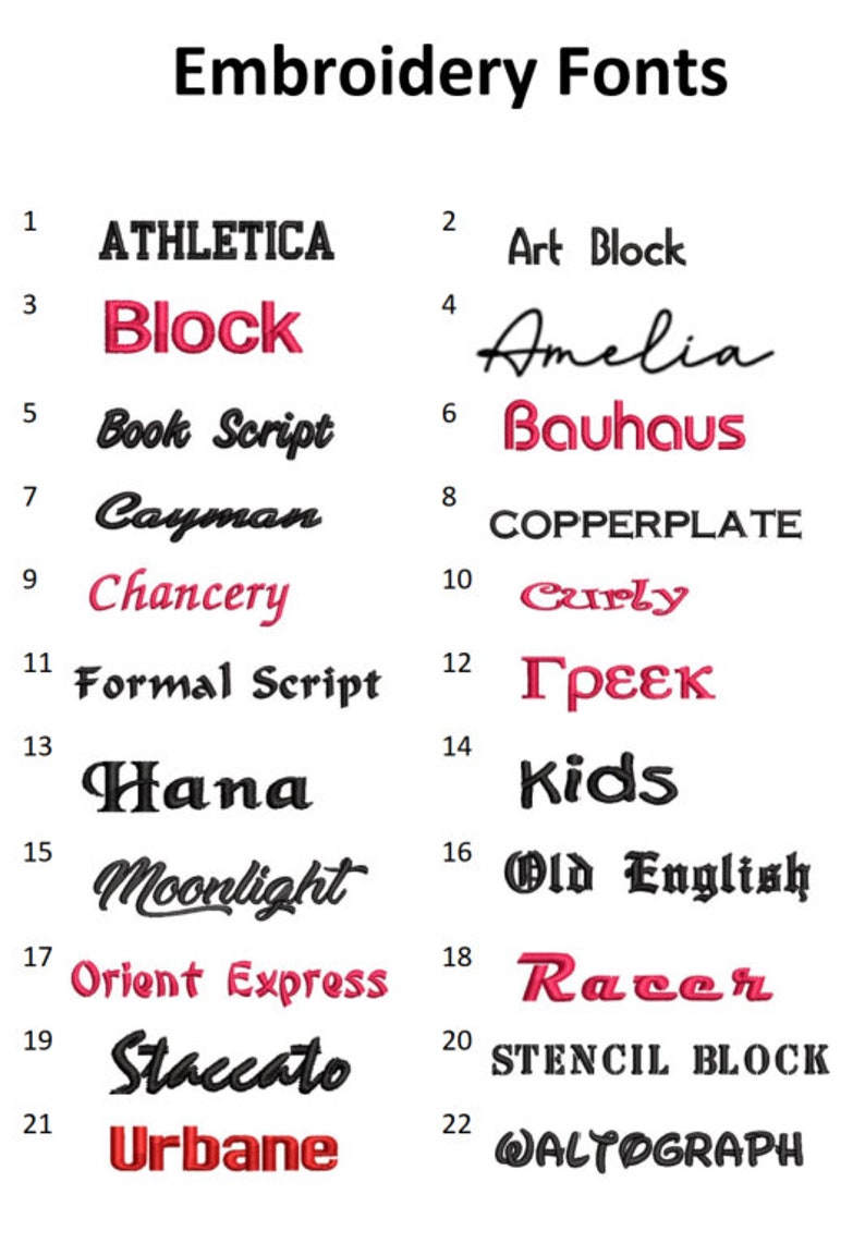 May include: A white background displays a list of 22 embroidery fonts. The fonts vary in style, including block, script, and decorative options. Some fonts are red, while others are black.