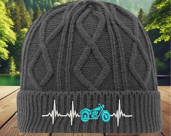 Embroidered Motorcycle Beanie: Biker Knit Hat