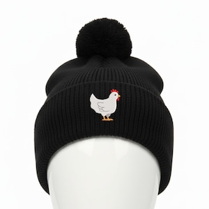 Emberoidered Chicken Beanie, Chicken Lady Gift, Farm Fall Winter Hat With Pom/Black