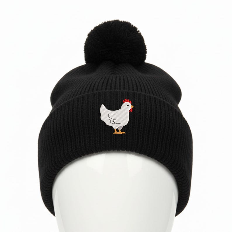 Emberoidered Chicken Beanie, Chicken Lady Gift, Farm Fall Winter Hat With Pom/Black