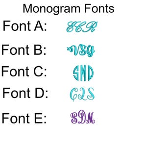 May include: Five different monogram fonts are shown in turquoise and purple. The fonts are labelled "Font A" through "Font E".