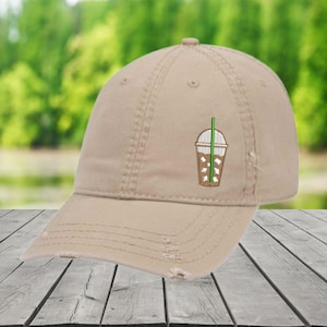 Iced Coffee Hat, Coffee Lover hat, Coffee Lover Gift, Coffee Hat, Coffee Gift, Coffee Shop Hat, Coffee Cup Embroidery, Distressed Coffee Hat
