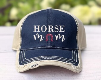 Horse Mom Hat: Distressed Cotton Baseball Cap, Equestrian Gift