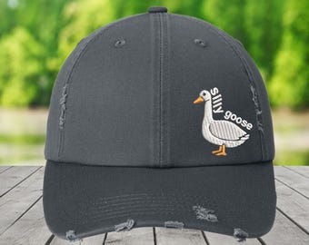 Silly Goose Embroidered Hat: Distressed Cotton Cap
