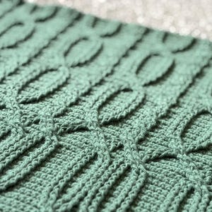 May include: A sage green crocheted blanket featuring a repeating cable stitch pattern. The textile displays a textured surface with raised, interlocking loops and vertical columns of stitches, creating a consistent, dense, and uniform design throughout.