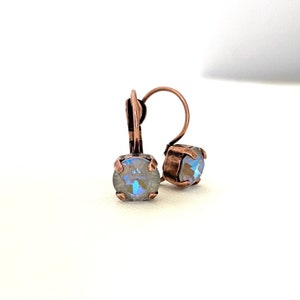 New Serene Gray Delite 8mm Drop Dangle Crystal Earrings / Antique Copper Setting / AB Iridescent