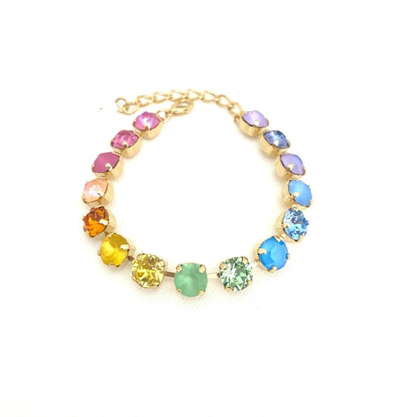 Pastel Ombré 8mm Crystal Bracelet / Rainbow / Multi Color / Rare Frosted Matte / Adjustable / Gold Setting