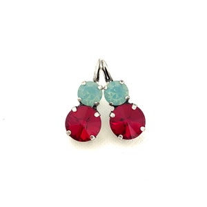 Siam Red and Pacific Opal Two Stone Crystal Drop Dangle Earrings / Antique Silver / 2 Stone / Opal and Red Earrings / 8mm and 12mm