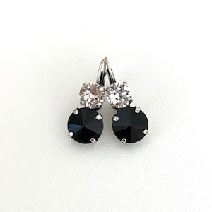 Black and White Two Stone Drop Earrings made with Crystals / 8mm & 12mm / Antique Silver / Jet and Classic Clear