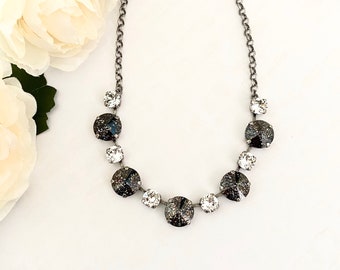 Crystal Black Patina & Clear Necklace / 14mm 8mm / Antique Silver / Statement Necklace / Black and White